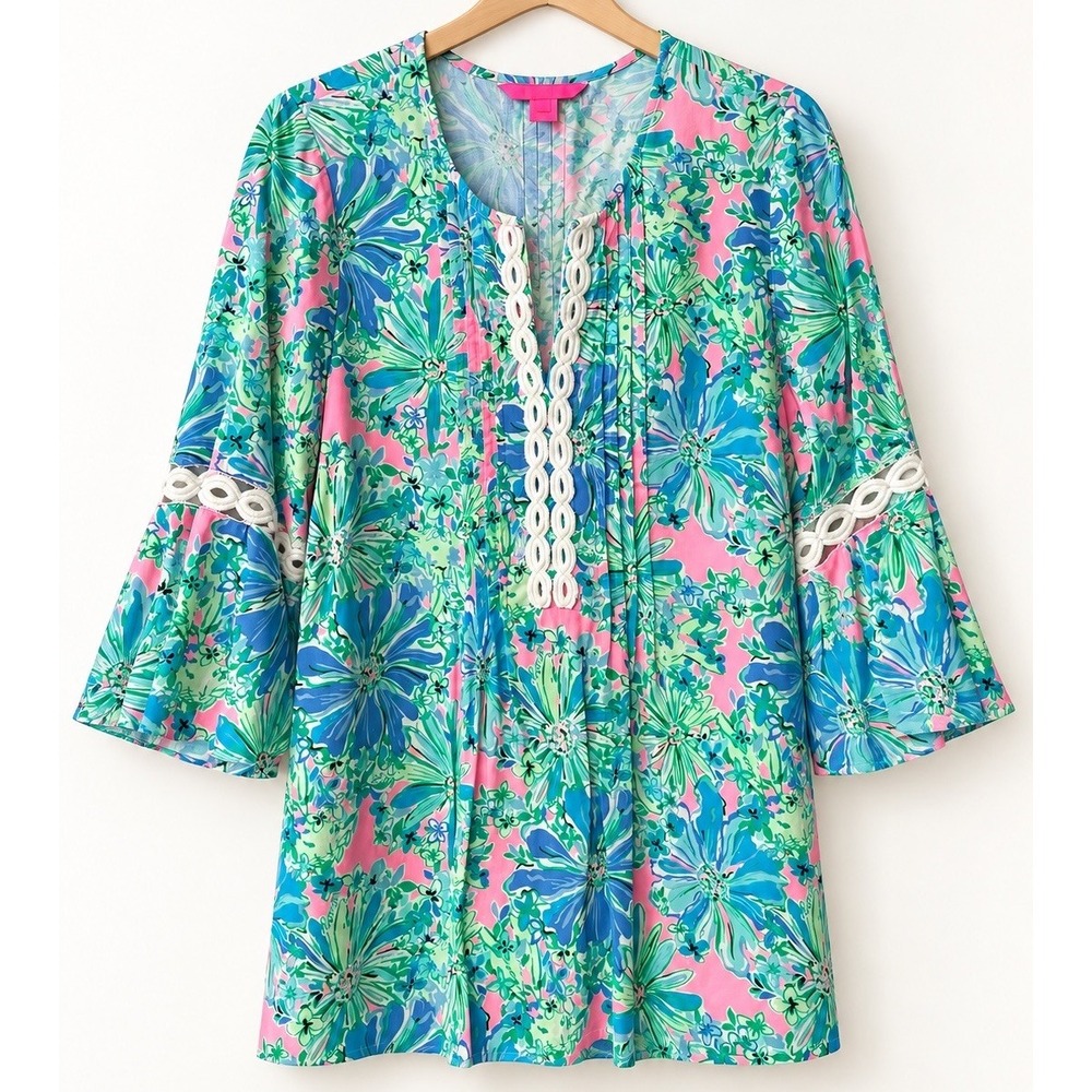 Lilly Pulitzer Hollie Tunic L Soleil Pink Good Hare Day Bell Sleeve Coastal Top - Picture 2 of 10